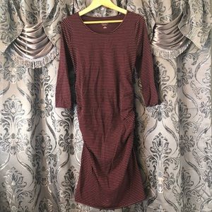 Burgundy/Navy Stripe Maternity Midi Stretch Dress
